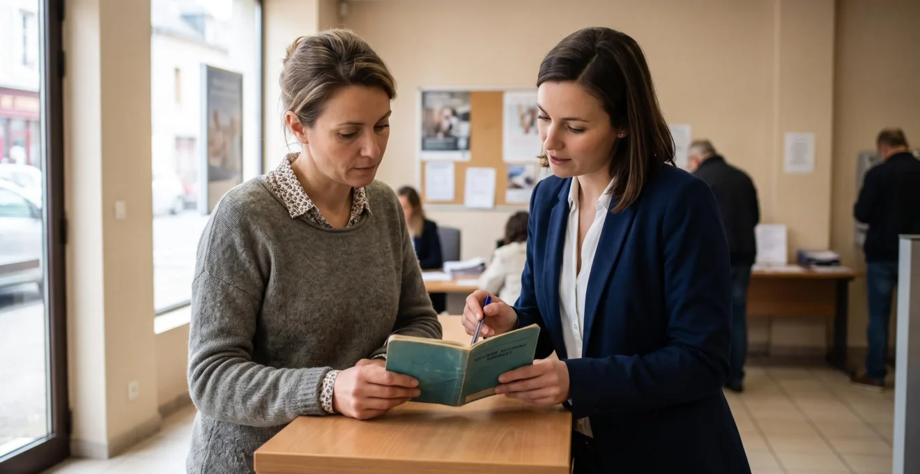 Une femme tient un livret d'épargne ouvert dans une agence bancaire de quartier pendant qu'un conseiller lui explique une page du document.