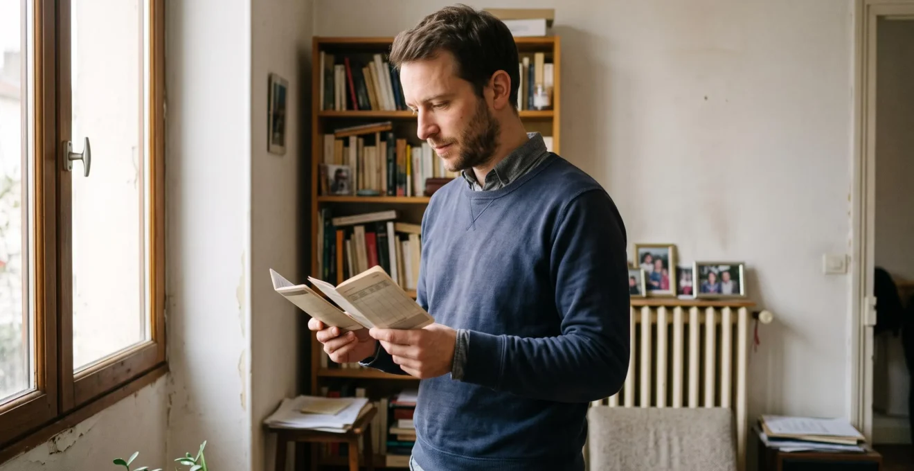 Un homme debout dans son salon compare deux livrets d'épargne tenus dans ses mains.
